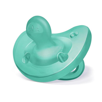 Orthodontic silicone pacifier in blue/green, designed for infants aged 6-16 months, featuring ventilation holes and a rounded end.