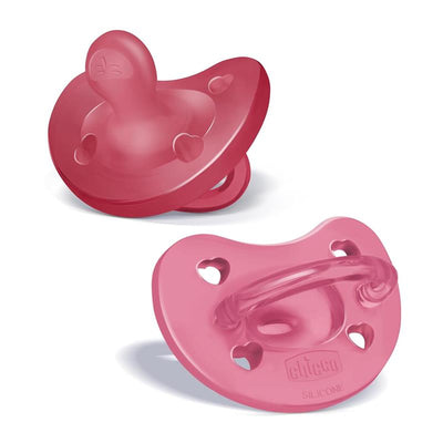 Chicco Physioforma orthodontic silicone pacifiers in dark pink, designed for ages 16-24 months, featuring heart-shaped holes.