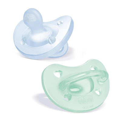 Orthodontic silicone pacifiers in light blue and green colors for infants 0-6 months, packaged as a 2-pack by Chicco.