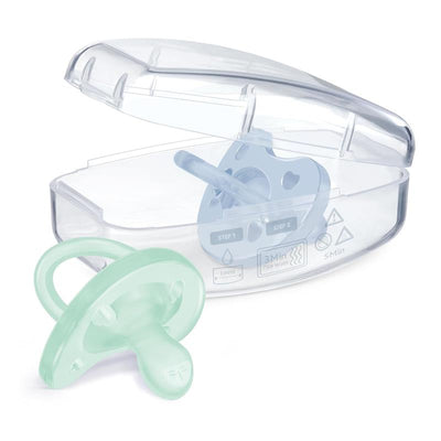 Orthodontic silicone pacifiers in light blue and green, designed for infants 0-6 months, with a transparent sterilizing case.