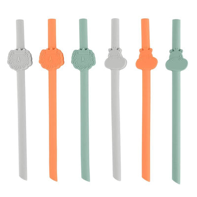 Silicone straws in a variety pack of six, featuring playful animal-shaped designs on the handles in soft colors.