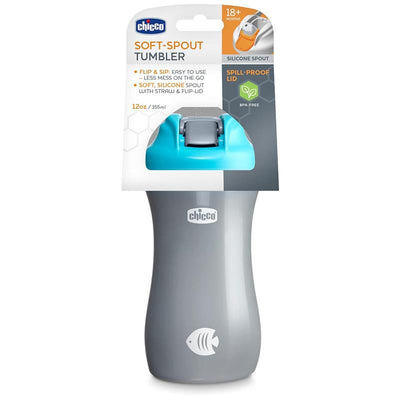 Chicco Soft Spout Tumbler 12oz in teal and gray, featuring a silicone spout, spill-proof lid, and fish design, suitable for ages 18 months and up.