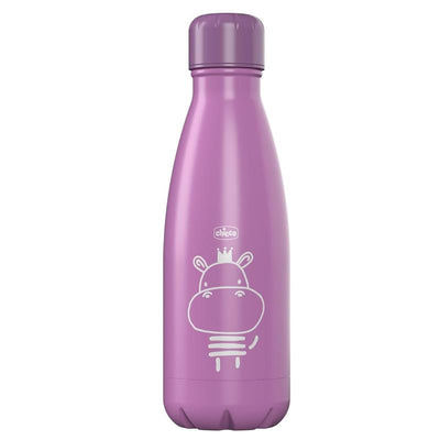 Chicco stainless steel insulated water bottle in pink with a cute hippo design, 12 oz capacity.