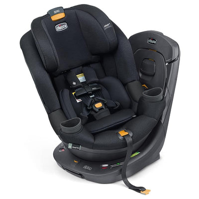 Chicco Fit360 Cleartex Rotating Convertible Car Seat, obsidian with adjustable harness, cup holders, and base indicators.