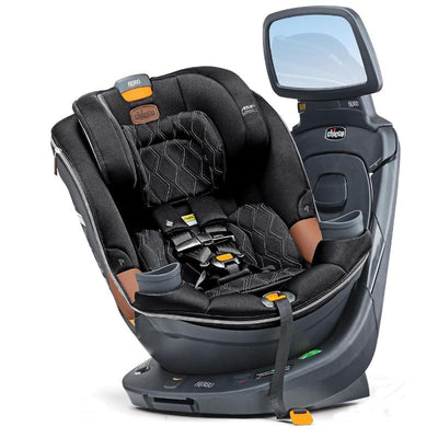 Chicco Fit360 Zip ClearTex Rotating Convertible Car Seat in Jet color, featuring a secure harness system and easy-adjust headrest.