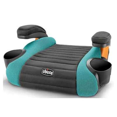 Chicco GoFit Backless Booster Car Seat in Raindrop color, featuring a black seating area with teal accents and cup holders.
