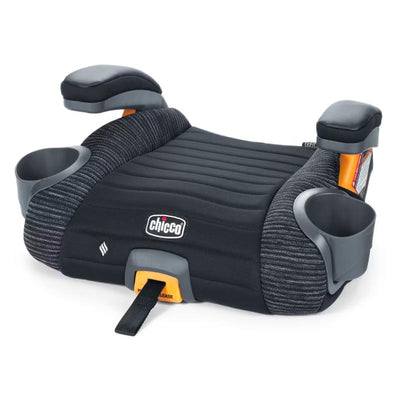 Backless booster car seat by Chicco, featuring a padded seat, armrests, and cup holders in a static design.