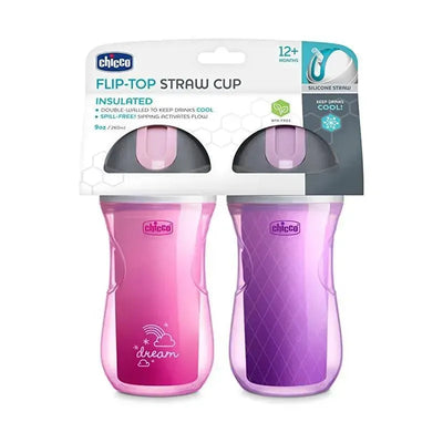 Chicco Insulated Flip Top Straw Cup 12m+ in Dream Pink and Purple, featuring spill-free design and double-walled insulation for cool drinks.