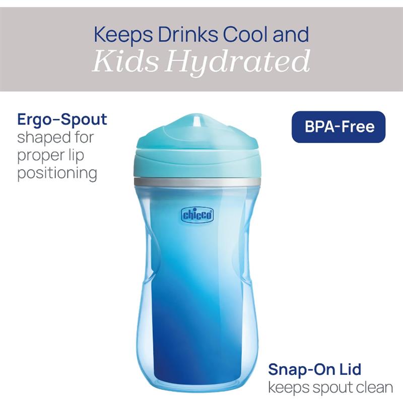 Chicco Insulated Rim Spout Trainer Sippy Cup in blue with shark design, 9 oz, BPA-free, features an ergonomic spout and snap-on lid.