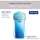 Chicco Insulated Rim Spout Trainer Sippy Cup in blue with shark design, 9 oz, BPA-free, features an ergonomic spout and snap-on lid.