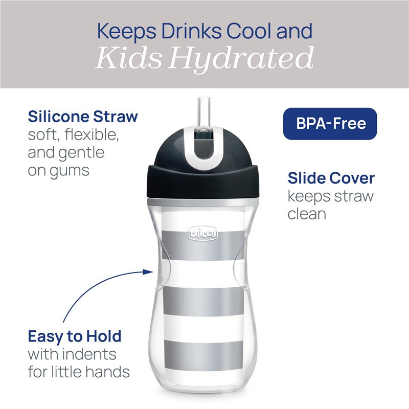 Chicco Insulated Straw Sippy Cup 12+ Months, 9oz Toddler Training Cup with Spill-Free Flip-Top Lid, BPA-Free 2-Pack, Black/White/Silver