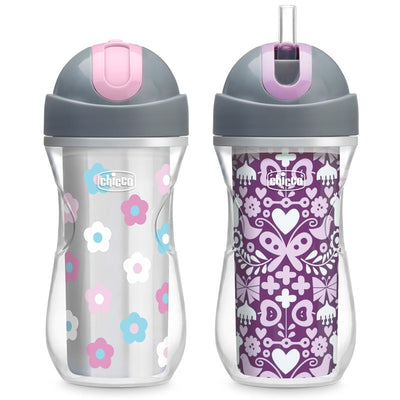 Chicco Insulated Straw Sippy Cup 12+ Months, 9oz Toddler Training Cup with Spill-Free Flip-Top Lid, BPA-Free 2-Pack, Floral/Purple Print
