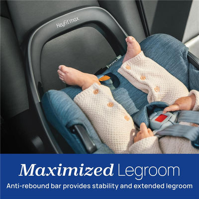 Chicco KeyFit Max Infant Car Seat Base with a baby’s feet visible, highlighting an anti-rebound bar for stability and legroom.