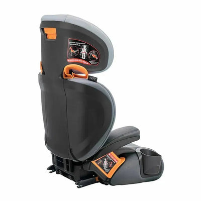 High back booster car seat in black and gray with orange accents, featuring installation instructions on the back.