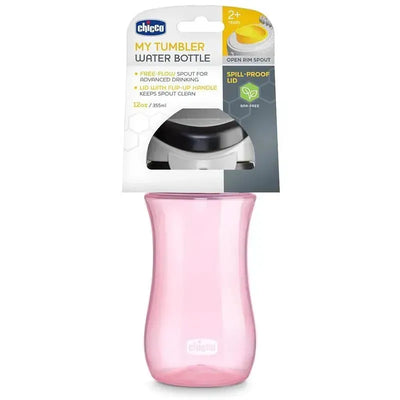 Chicco My Tumbler Open Rim Water Bottle, pink, 12oz, features a free-flow spout and spill-proof lid, suitable for ages 2 and up.