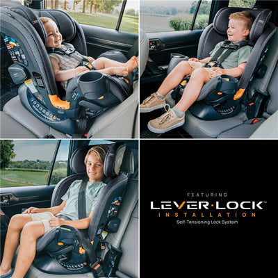 Chicco OneFit LX ClearTex All-in-One Car Seat in smoke/grey, featuring a child securely strapped inside, showcasing its LeverLock installation system.