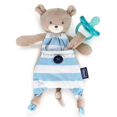 Chicco Pocket Buddy in blue and beige, featuring a bear design holding a pacifier, dressed in a striped outfit.