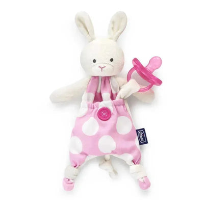 Chicco Pocket Buddy in pink, featuring a bunny doll with polka dot overalls and a pink pacifier.