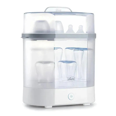 Chicco Steam Sterilizer 3-In-1 Modular System displaying several baby bottles inside a clear sterilizing chamber.