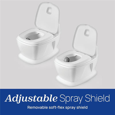 Chicco toddler training toilet with adjustable spray shield and removable soft-flex feature, shown in two positions.