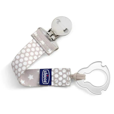 Chicco Universal Two-in-One Fashion Pacifier Clip in grey with polka dot design and star details, features a clip and pacifier holder.