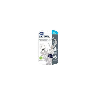 Chicco Universal Two-in-One Fashion Pacifier Clip in grey, featuring a soft ring and secure clip design.