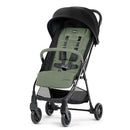 Lightweight olive green Chicco Urbino stroller with a compact folding design, suitable for infants and toddlers, featuring safety straps.