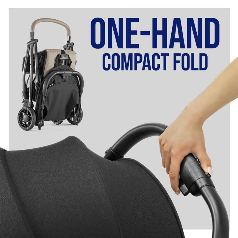 Chicco Urbino lightweight stroller is shown folded for compact storage; a hand demonstrates the one-hand fold feature.
