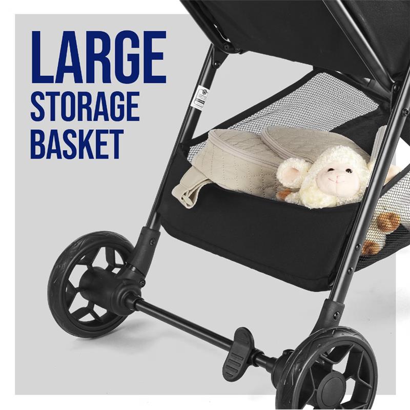 Lightweight stroller featuring a large storage basket with a quilted bag and a stuffed animal visible inside.