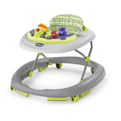 Chicco Walky Talky Baby Walker with a circular design, colorful toys, and a padded seat, suitable for young children.