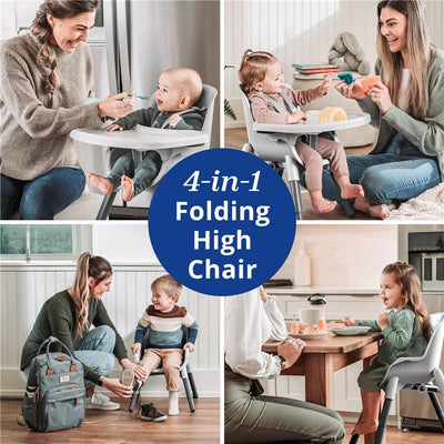 Chicco Zest 4-in-1 Folding High Chair in Seasalt/Grey with children engaged in feeding and play activities.