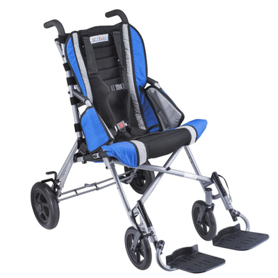 Adaptive stroller with a blue and gray seat, secure straps, and footrests, designed for mobility assistance.