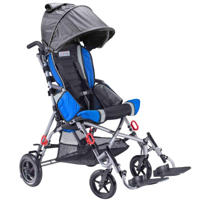 Adaptive stroller Strive ST1600 in blue with a grey canopy, adjustable seating, and footrests, designed for mobility.