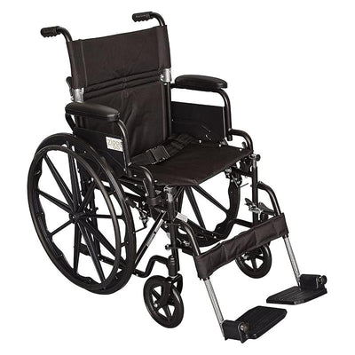 Pediatric wheelchair with an 18” seat width, featuring a black fabric seat, adjustable footrests, and large rear wheels.