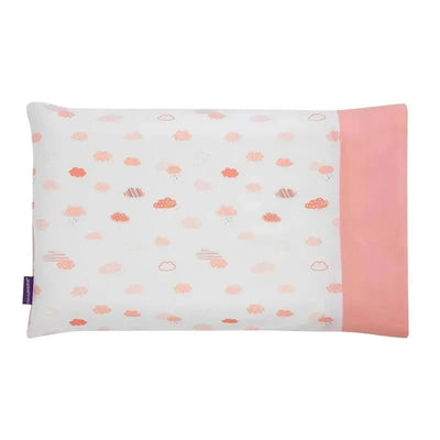 Clevamama Clevafoam pram baby pillow case in coral, featuring a white background with colorful cloud patterns.