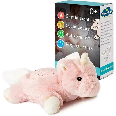 Calming Mini Nightlight Star Projector, Ella the Unicorn; plush pink unicorn with gentle light features and star projection.