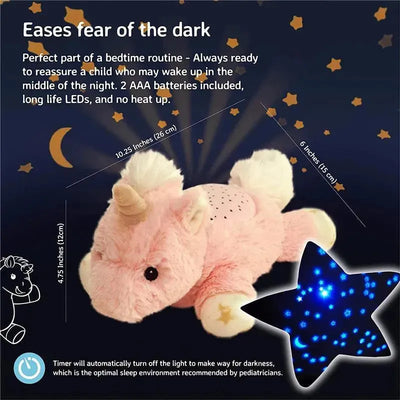 Calming Mini Nightlight Star Projector, Ella the Unicorn, measures 10.25x6x4.75 inches, projects stars, includes two AAA batteries.