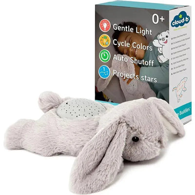 Calming Mini Nightlight Star Projector, grey bunny plush toy with textured body and accompanying box featuring product details.