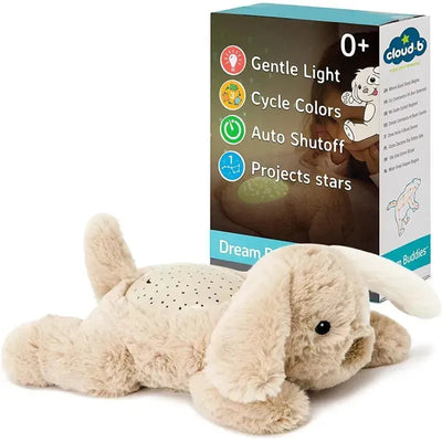 Calming mini nightlight plush puppy projector, features star projection and gentle light, with packaging showing product details.