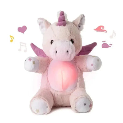 Soft pink unicorn plush toy with wings, includes a glowing belly and musical notes around it.