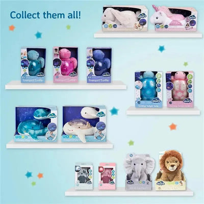 Cuddly stuffed animals and soothing sound machines by Cloud B, featuring Louis the Lion and other animal designs.