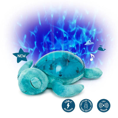 Tranquil Turtle plush toy in aqua color projects calming ocean scenes, features USB-C recharge, and includes sound options.