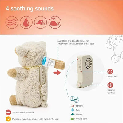 Travel Soothing Sound Machine featuring a plush sheep, offering 4 sound options with volume control and a hook for attachment.