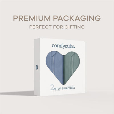 Swaddle blanket set featuring two zip-up swaddles in Nomadic Blue and Azul, packaged for gifting.