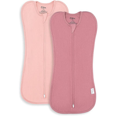 Swaddle blankets in blush and mauve, featuring zip closures and soft fabric, designed for baby girls.