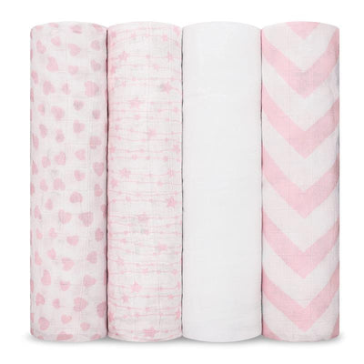 Four soft pink muslin swaddle blankets featuring heart, star, solid, and zigzag patterns.