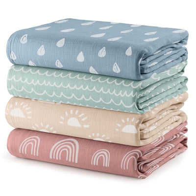 Four muslin swaddle blankets in pastel colors featuring patterns of raindrops, waves, suns, and rainbows.