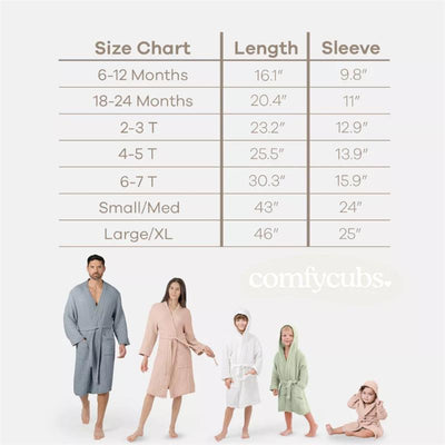 Size chart for Comfy Cubs muslin kids bathrobes featuring adults and children in various colors and sizes, including blush, white, and green.