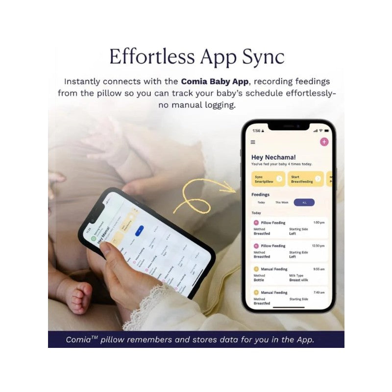 Comia Halo Smart Nursing Pillow connects with the Comia App to track baby feedings, shown on a smartphone.