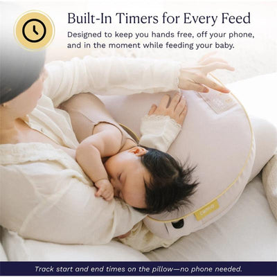 Smart nursing pillow with built-in timers, supporting hands-free feeding for mother and baby.